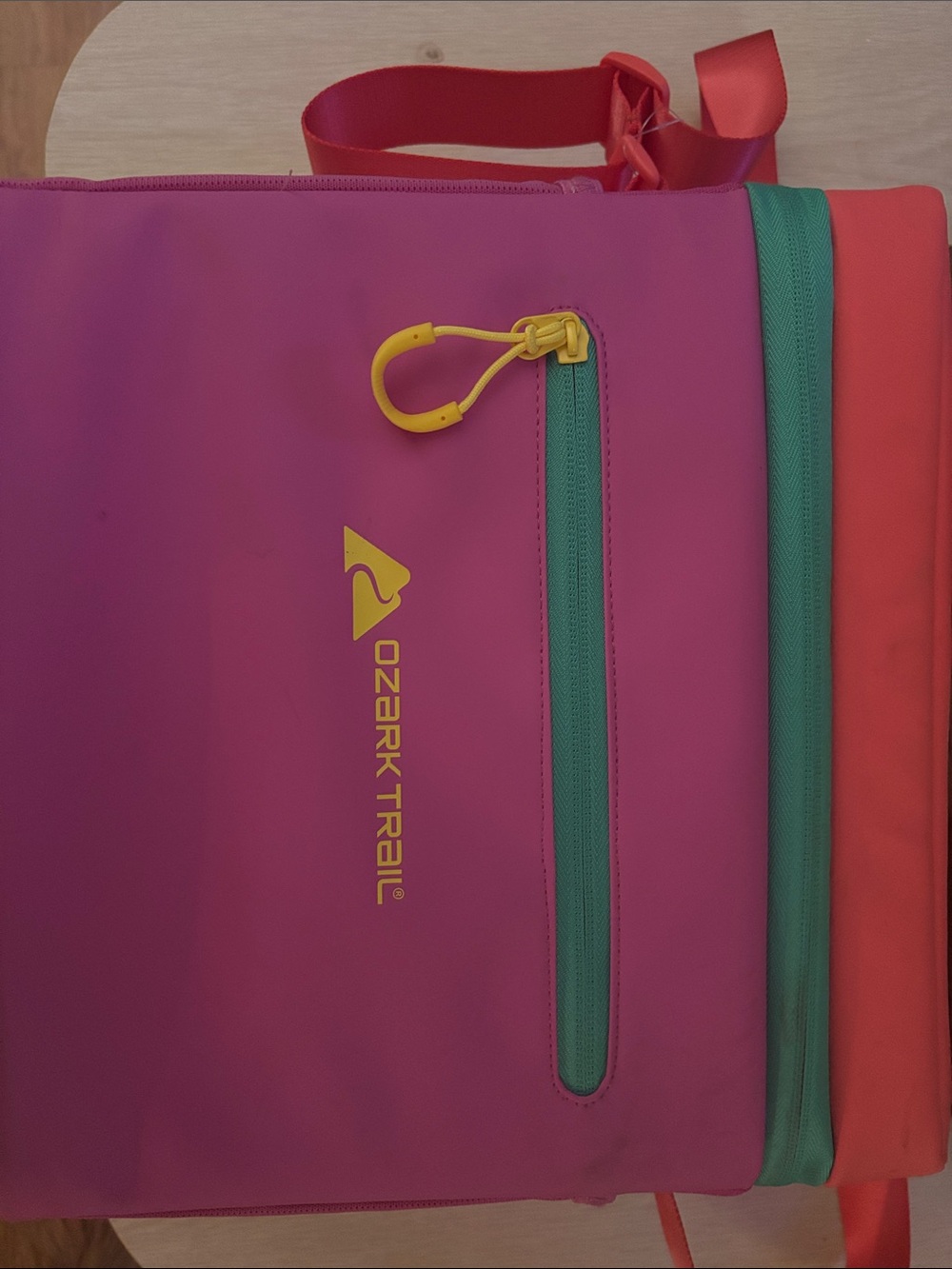 Ozark Trail Pink and Coral Crossbody cooler with Green Zippers